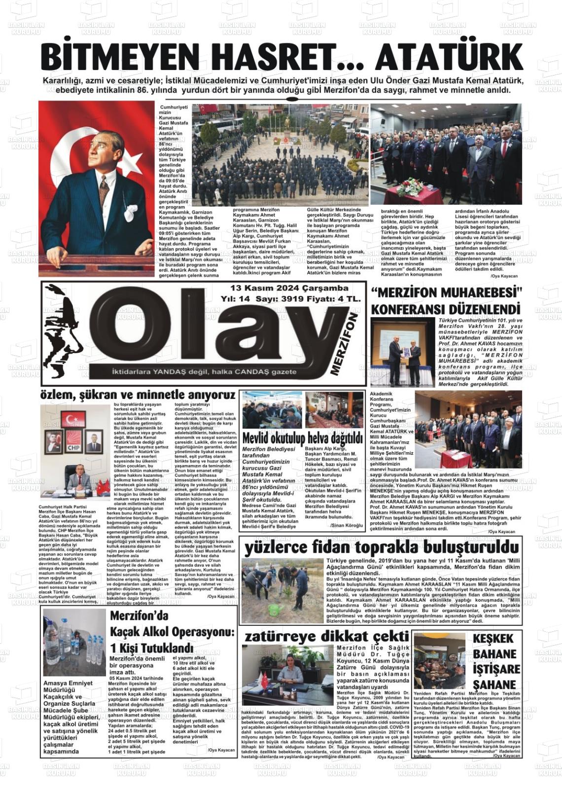 13 Kasım 2024 Merzifon Olay Gazete Manşeti