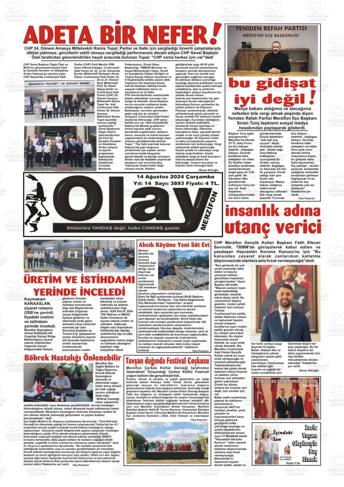 14 Ağustos 2024 Merzifon Olay Gazete Manşeti