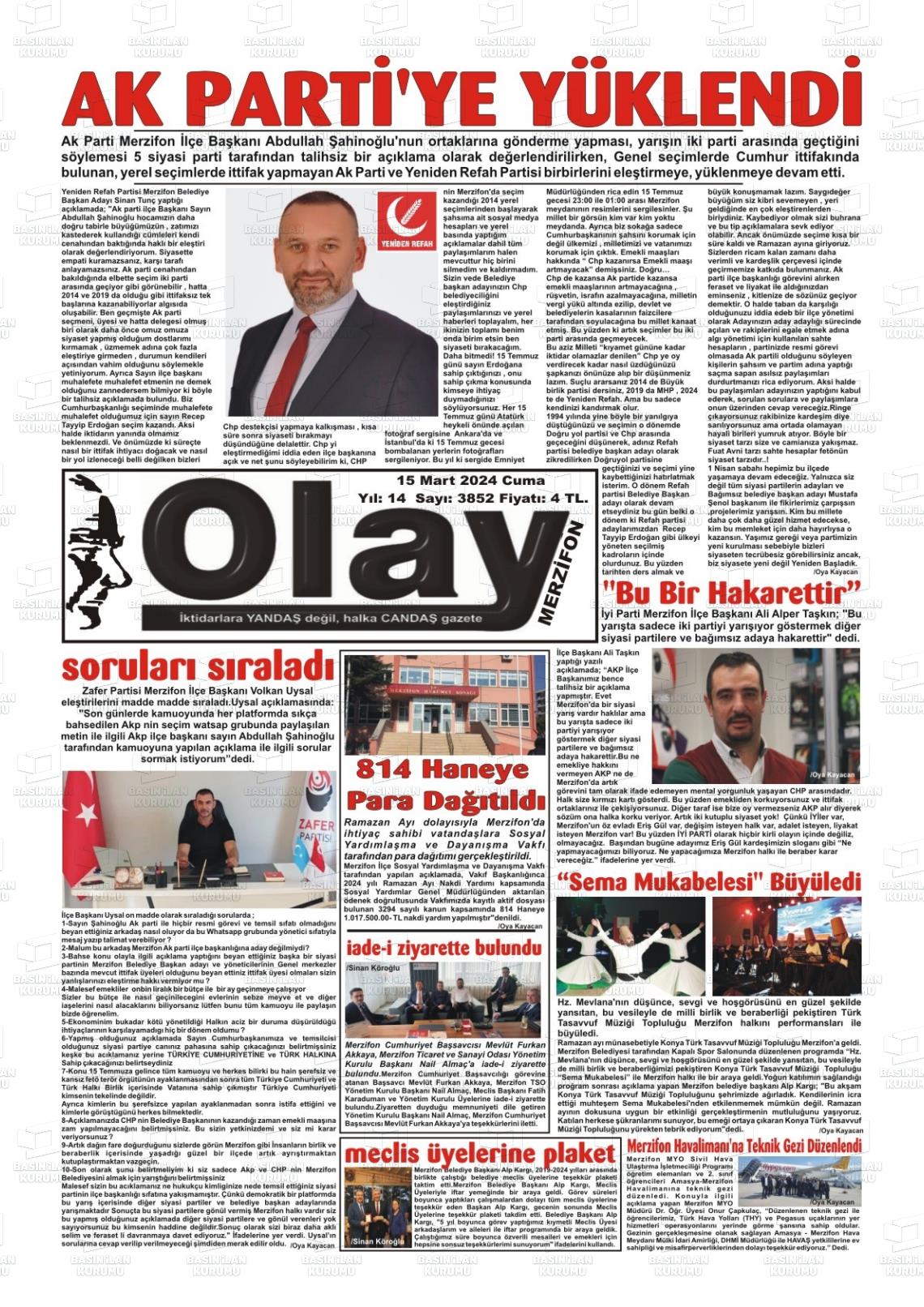 15 Mart 2024 Merzifon Olay Gazete Manşeti