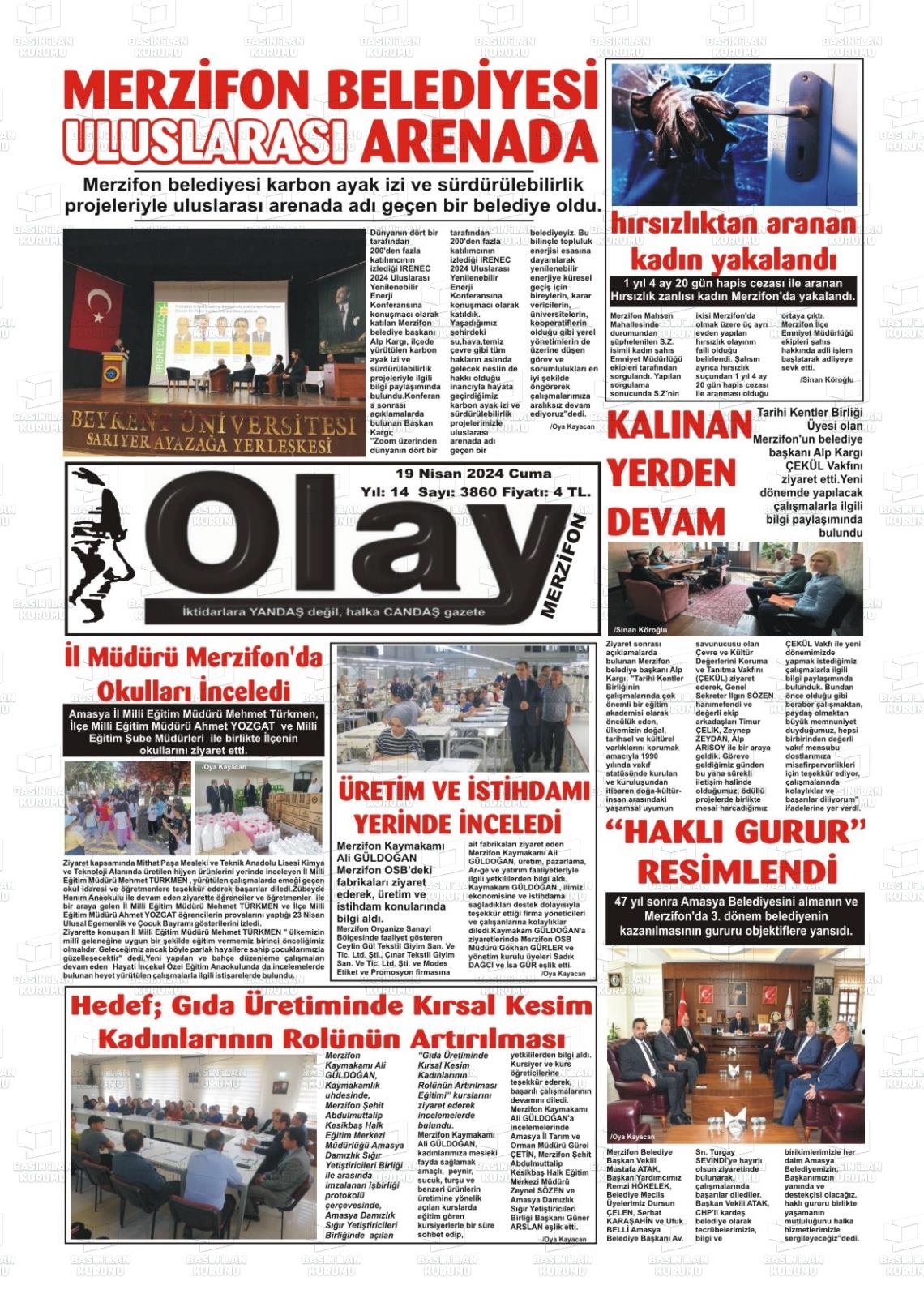 19 Nisan 2024 Merzifon Olay Gazete Manşeti