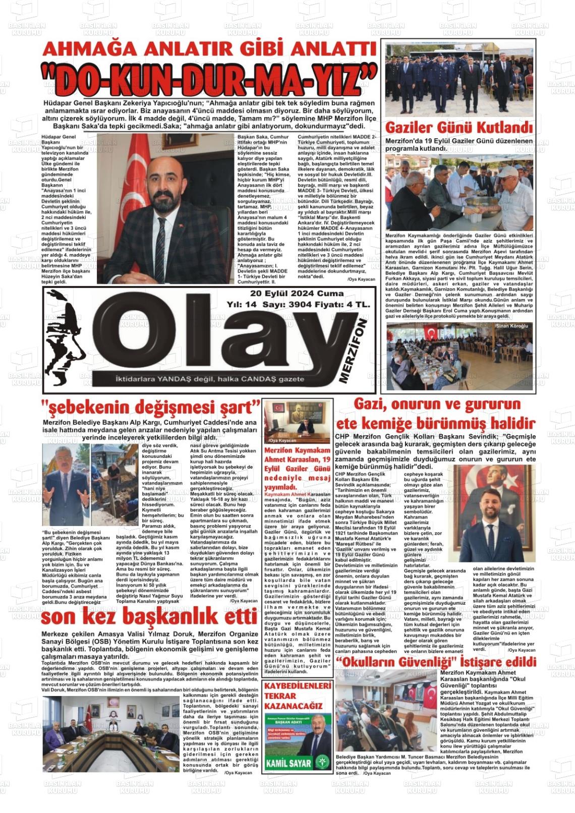 20 Eylül 2024 Merzifon Olay Gazete Manşeti