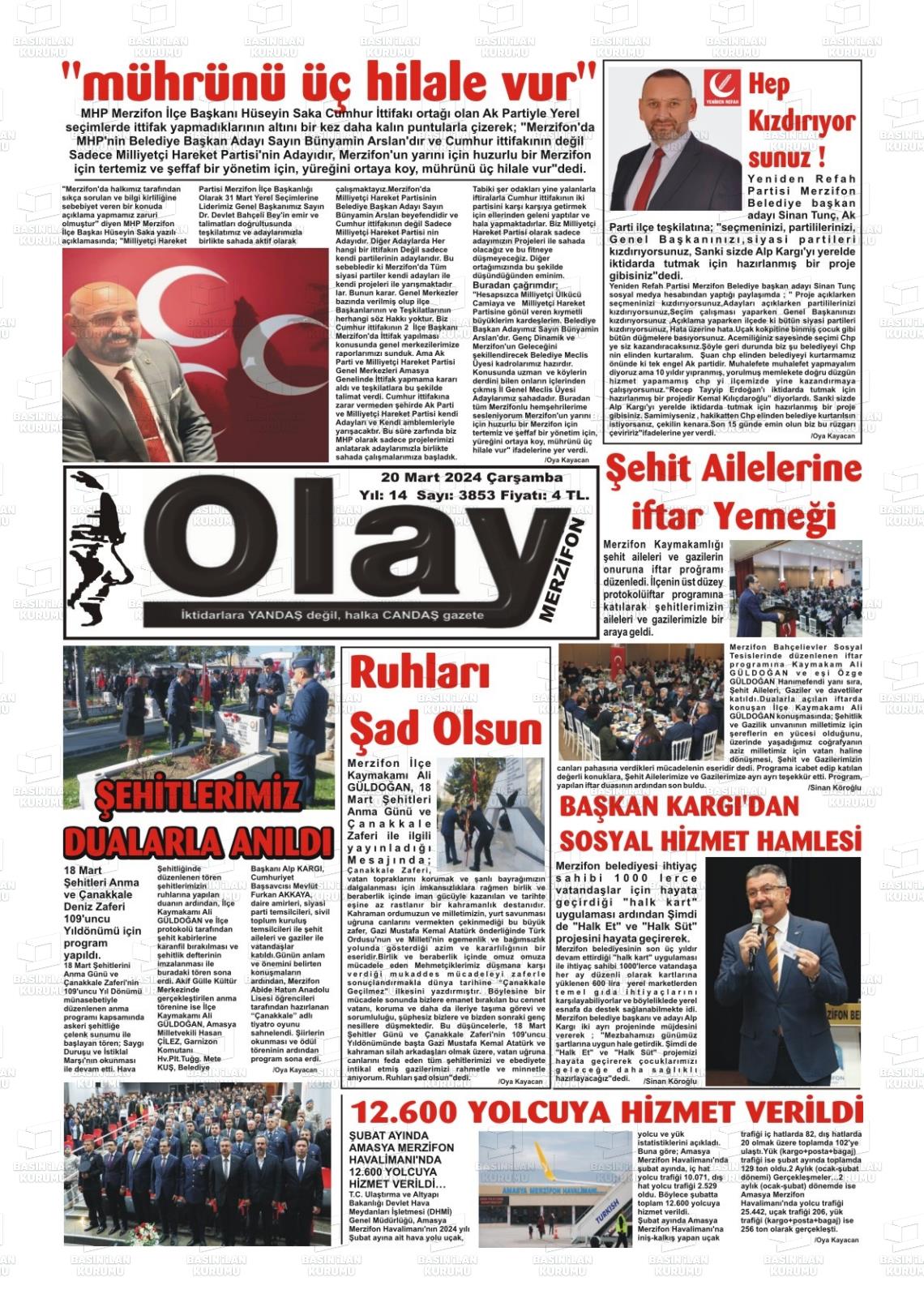 20 Mart 2024 Merzifon Olay Gazete Manşeti