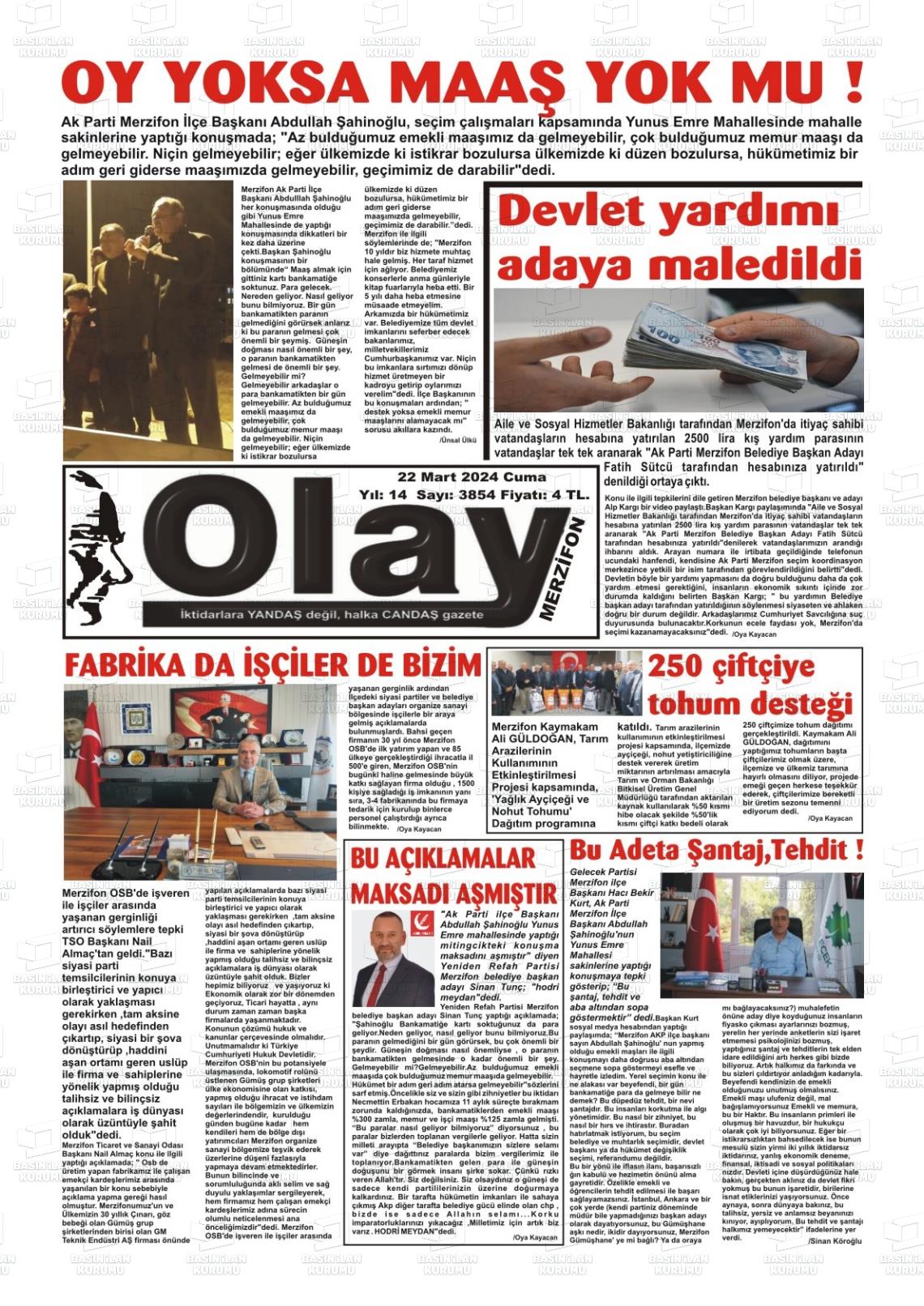 22 Mart 2024 Merzifon Olay Gazete Manşeti