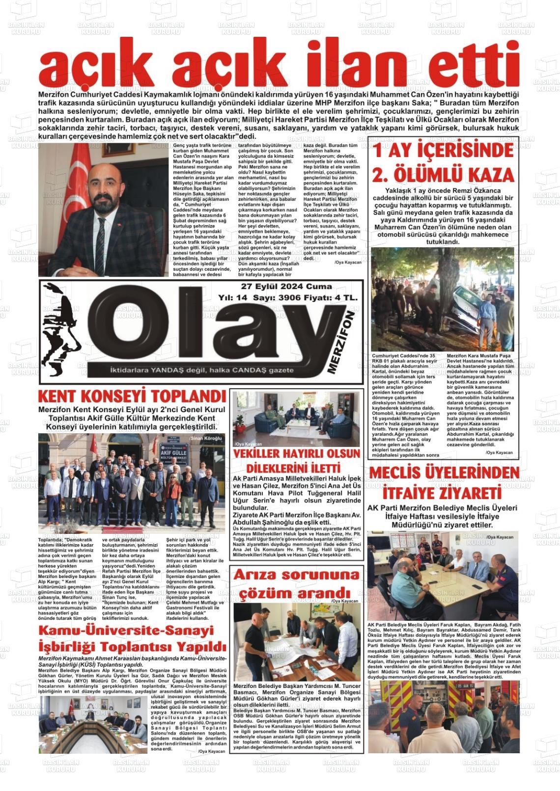 27 Eylül 2024 Merzifon Olay Gazete Manşeti