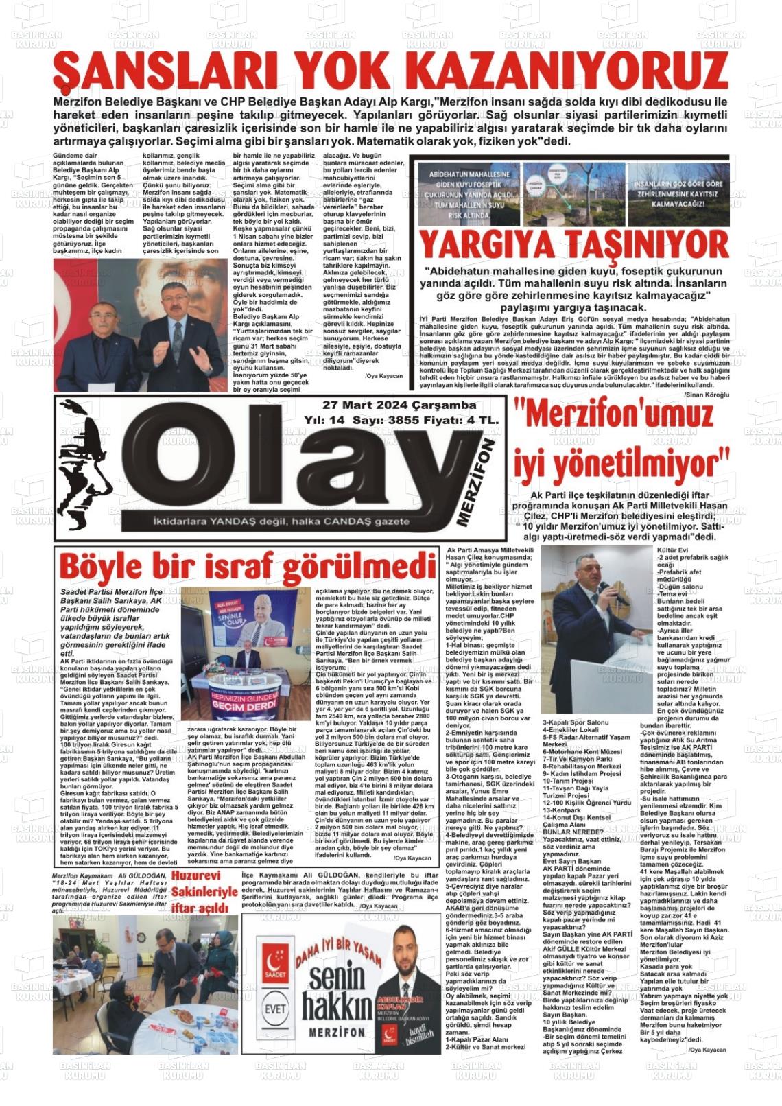 27 Mart 2024 Merzifon Olay Gazete Manşeti