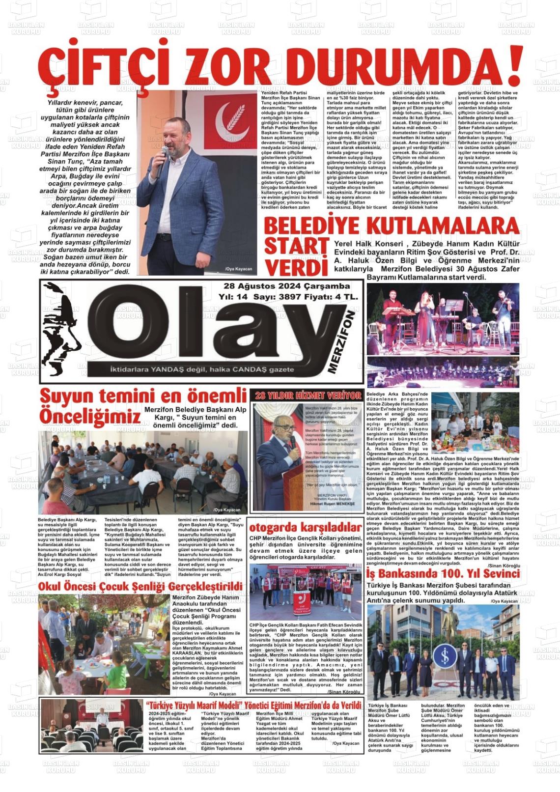 28 Ağustos 2024 Merzifon Olay Gazete Manşeti