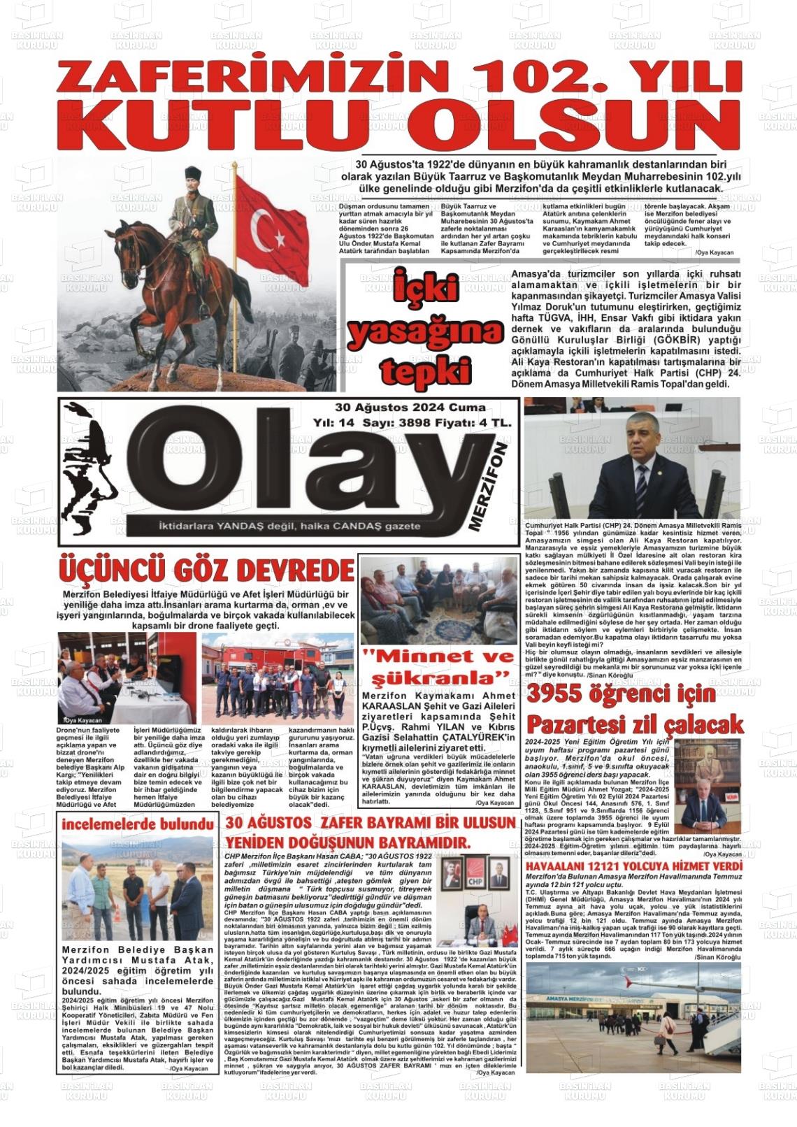 30 Ağustos 2024 Merzifon Olay Gazete Manşeti