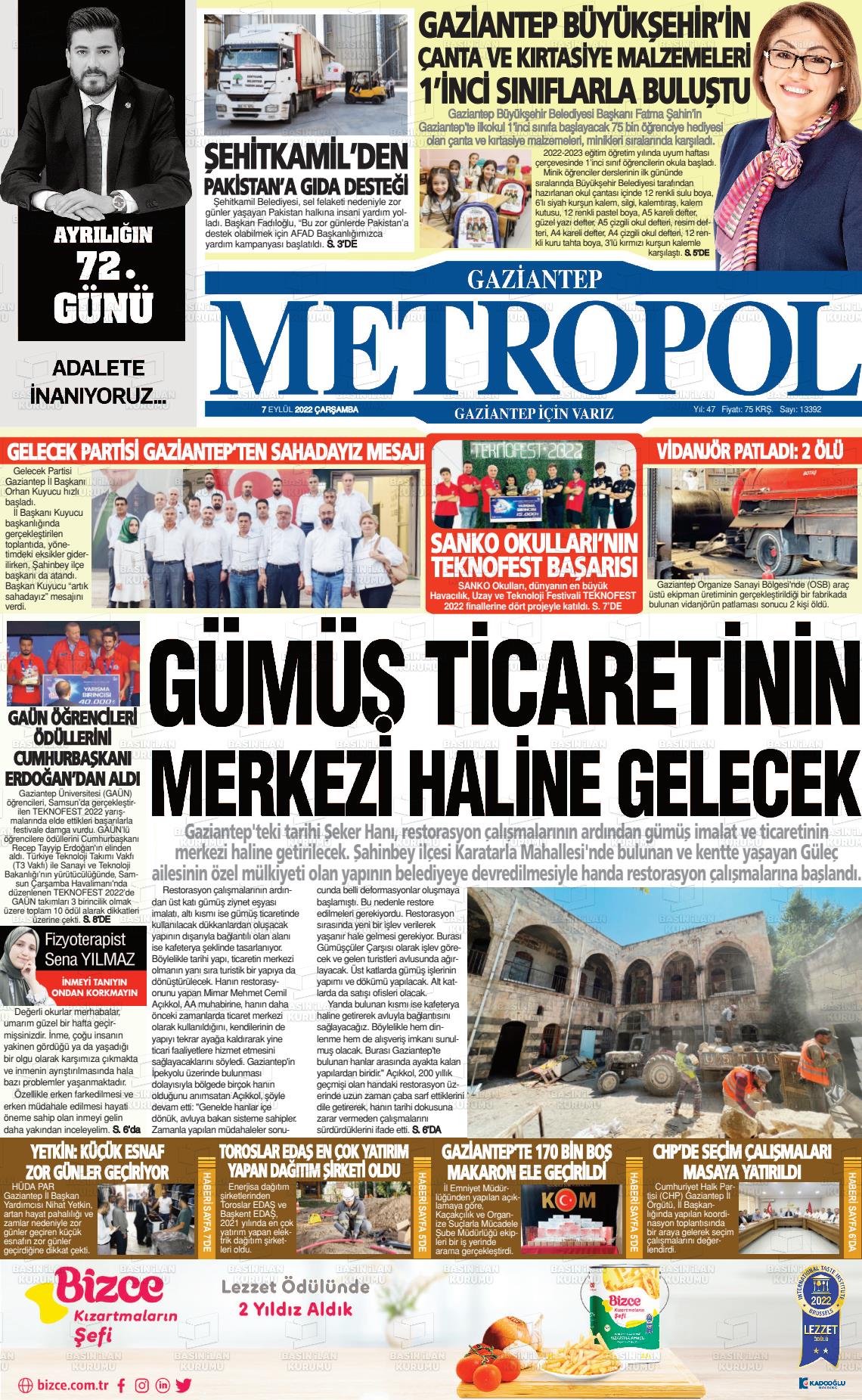 07 Eylül 2022 Gaziantep Metropol Gazete Manşeti