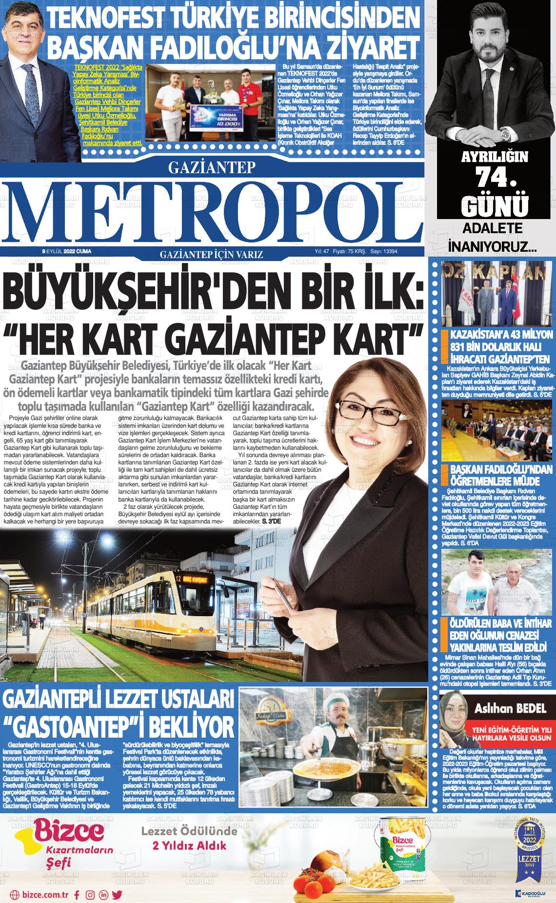 09 Eylül 2022 Gaziantep Metropol Gazete Manşeti