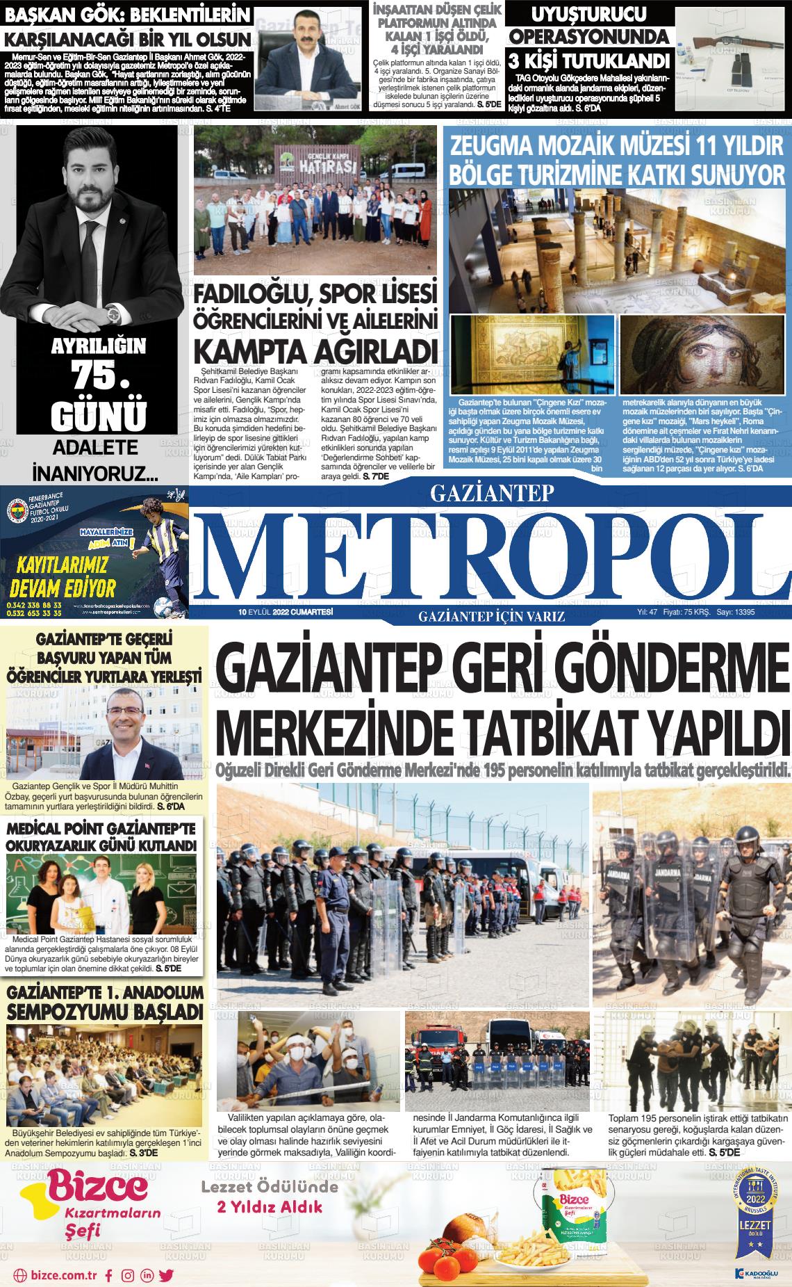 10 Eylül 2022 Gaziantep Metropol Gazete Manşeti