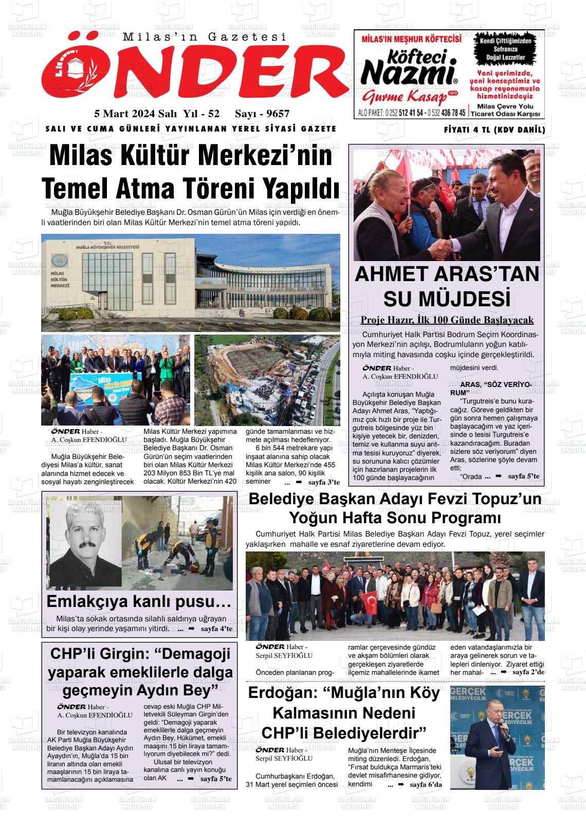 07 Mart 2024 Milas Önder Gazete Manşeti