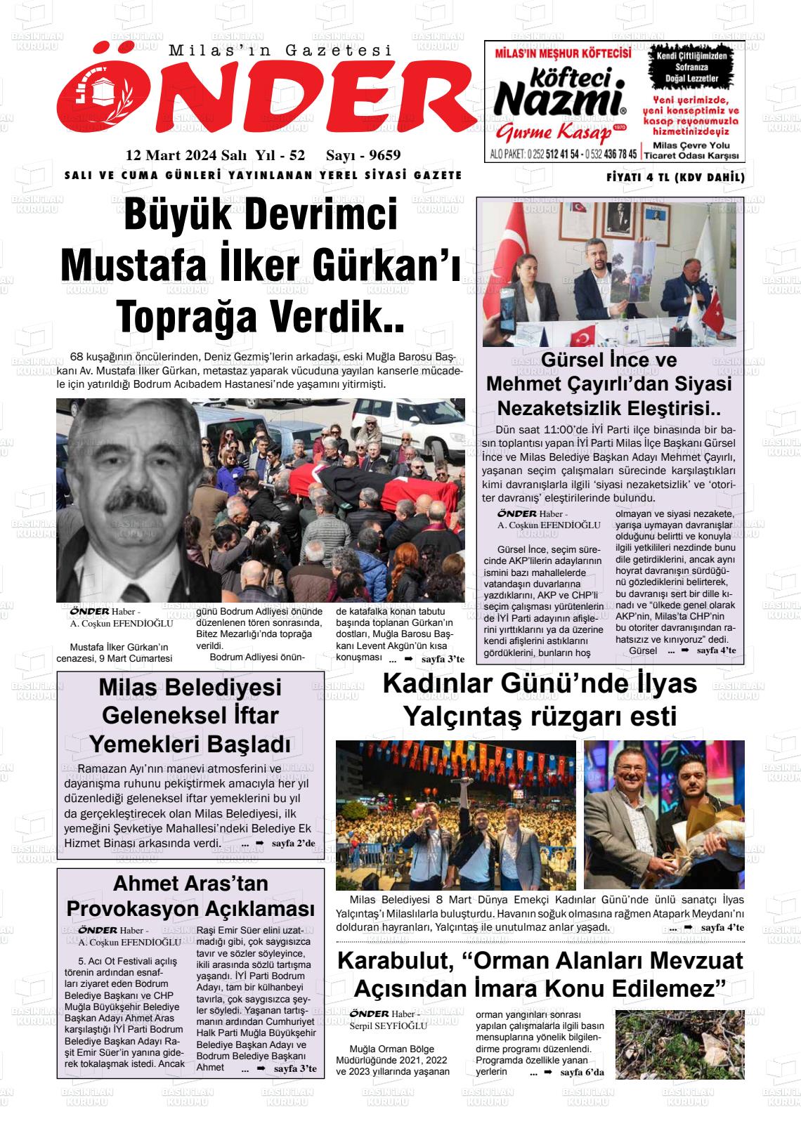 12 Mart 2024 Milas Önder Gazete Manşeti