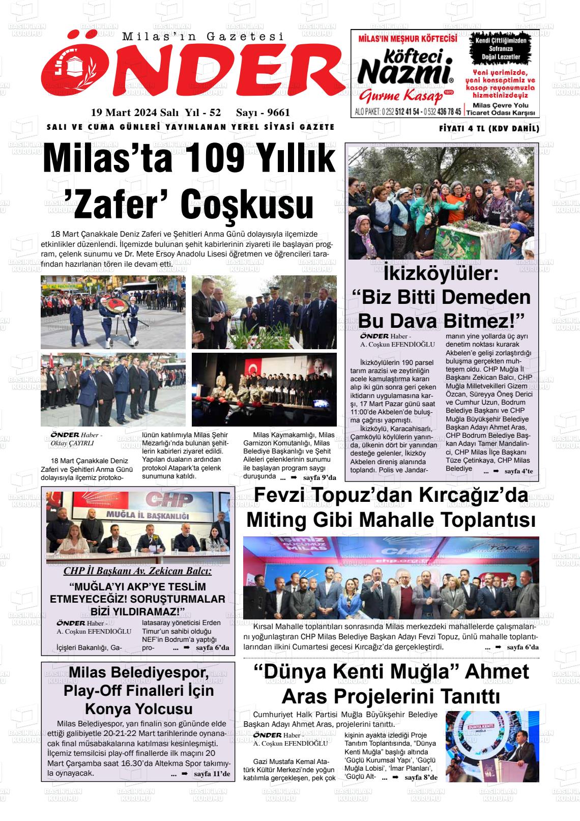 19 Mart 2024 Milas Önder Gazete Manşeti