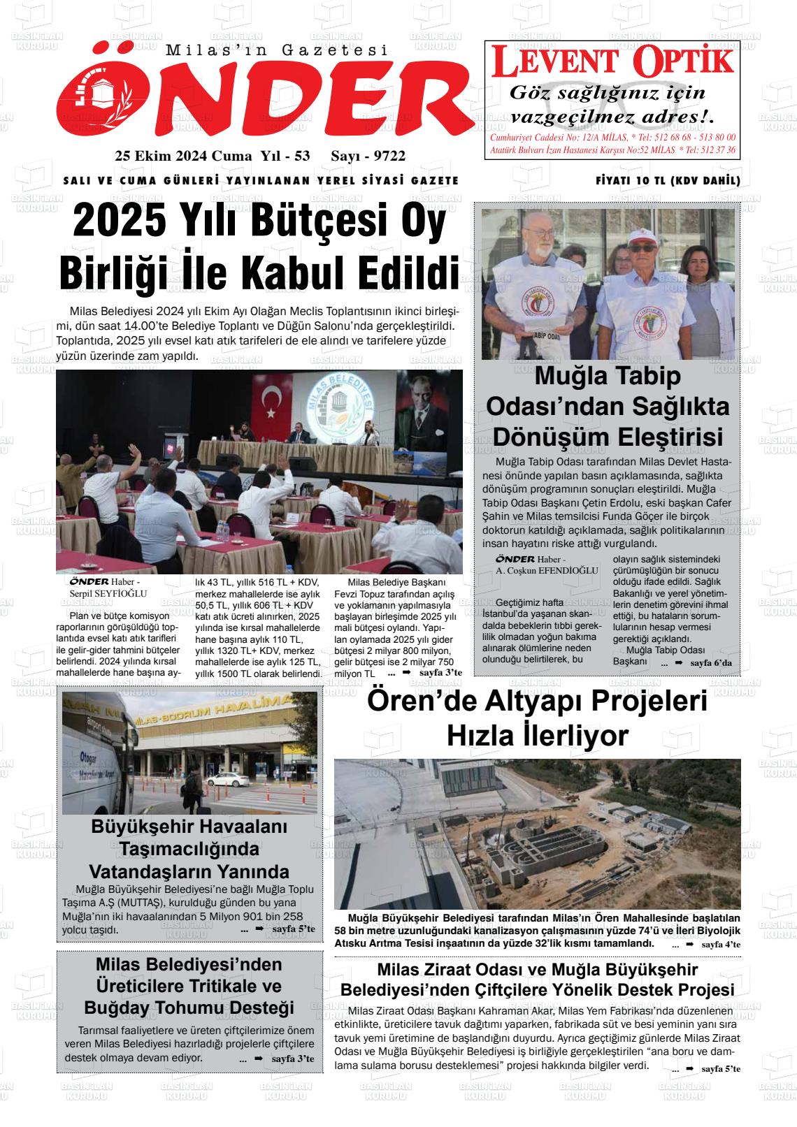 25 Ekim 2024 Milas Önder Gazete Manşeti