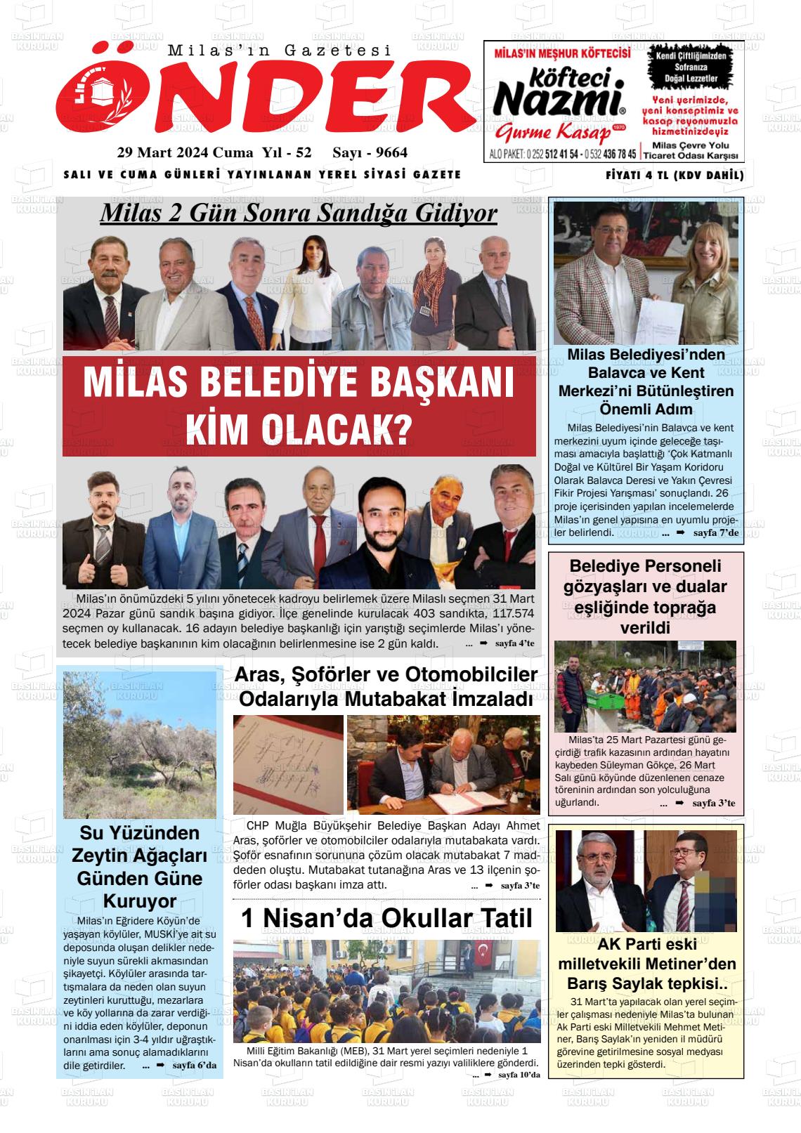 29 Mart 2024 Milas Önder Gazete Manşeti