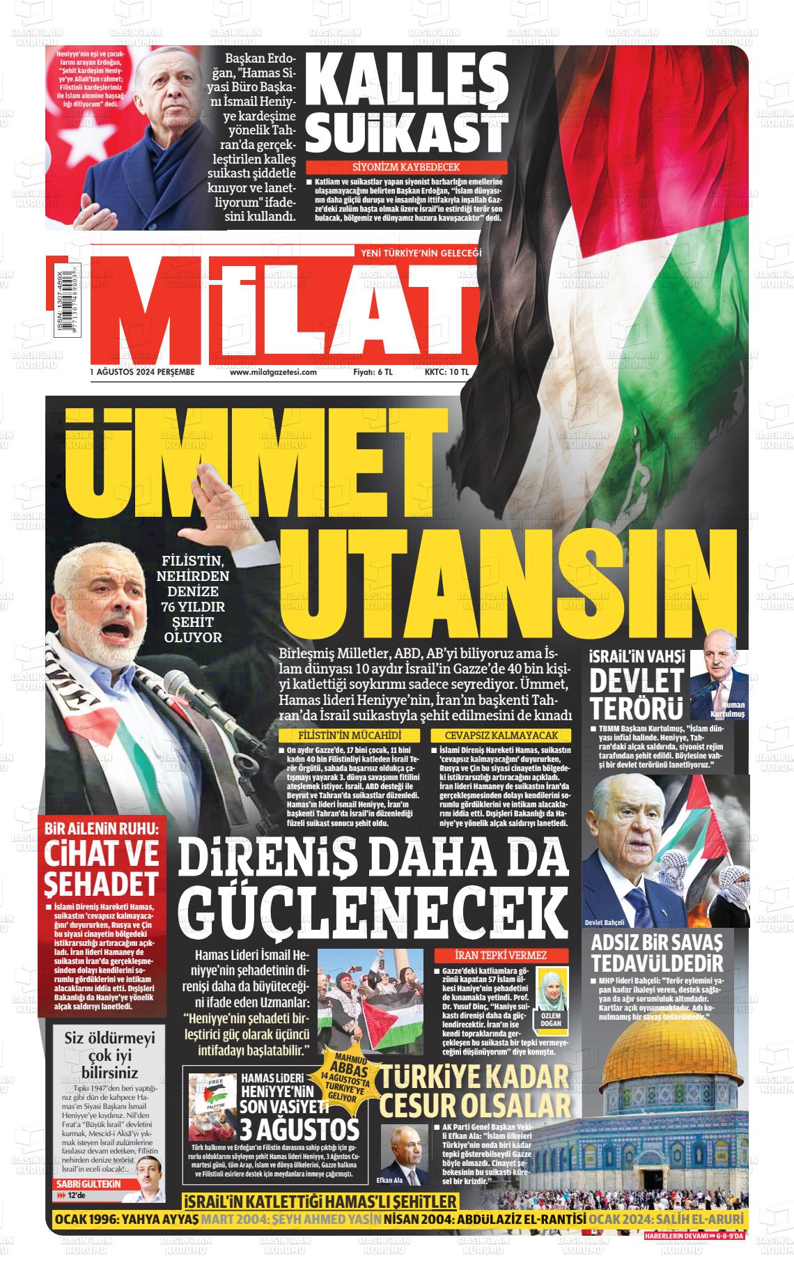 01 Ağustos 2024 Milat Gazete Manşeti