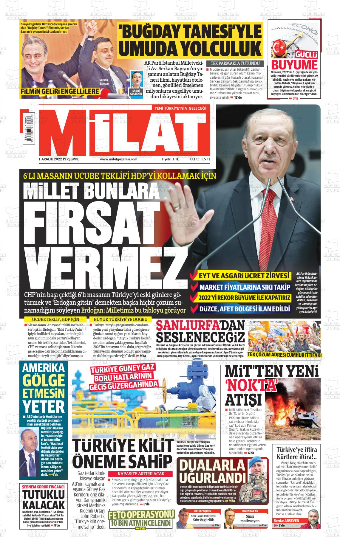 01 Aralık 2022 Milat Gazete Manşeti