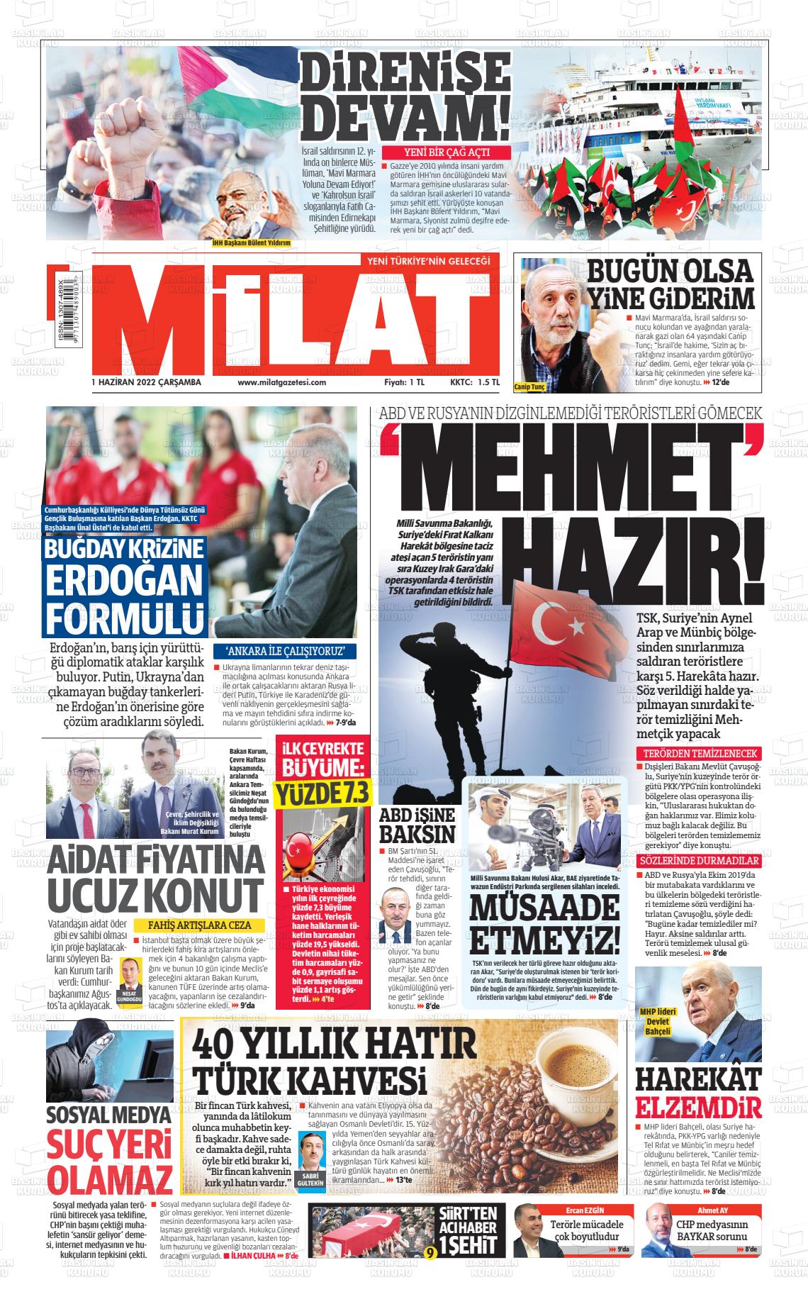 01 Haziran 2022 Milat Gazete Manşeti