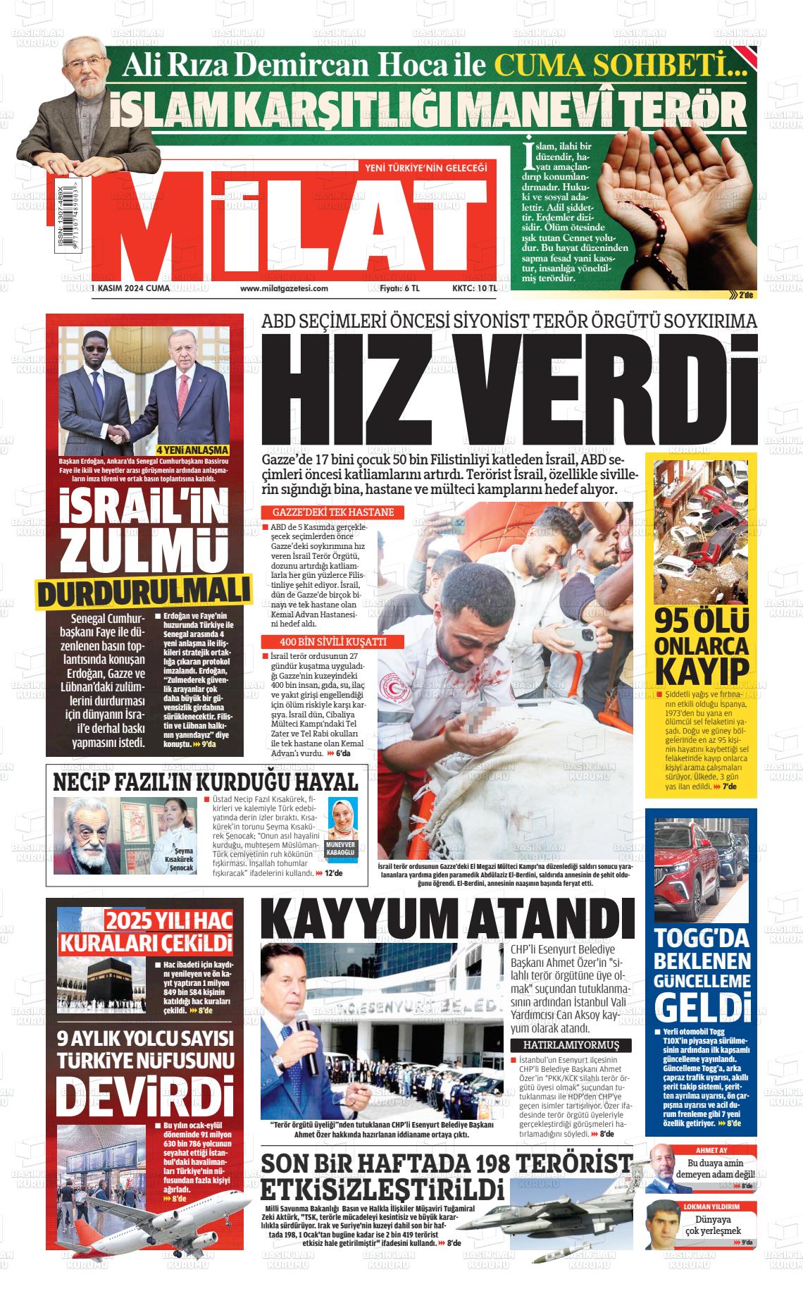 01 Kasım 2024 Milat Gazete Manşeti