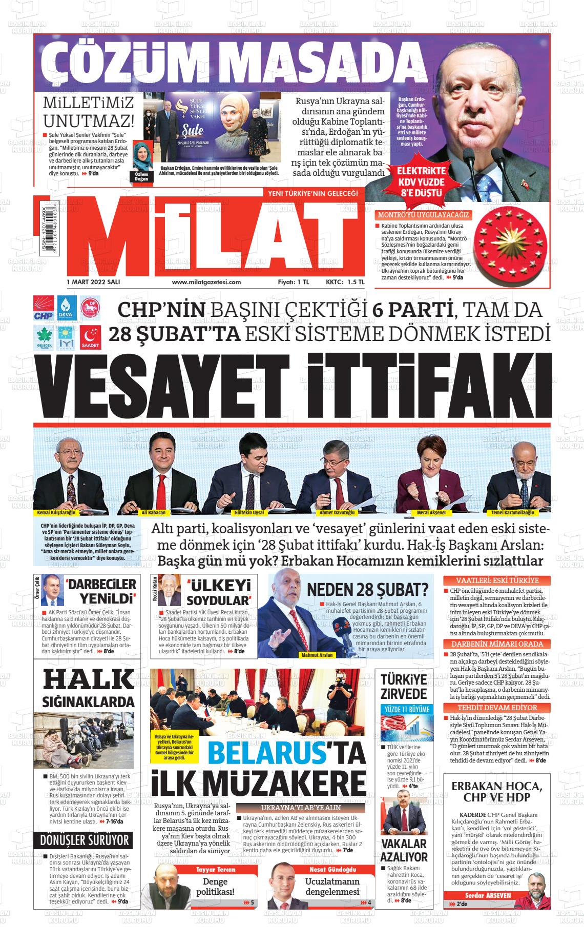 01 Mart 2022 Milat Gazete Manşeti