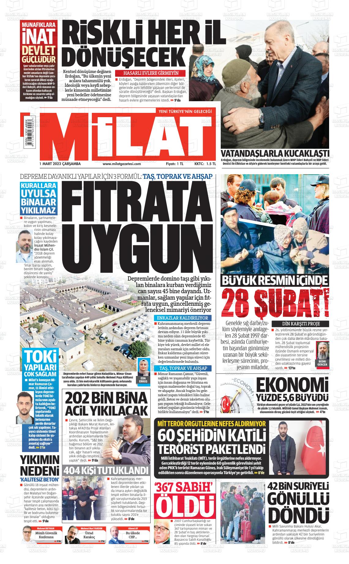 01 Mart 2023 Milat Gazete Manşeti