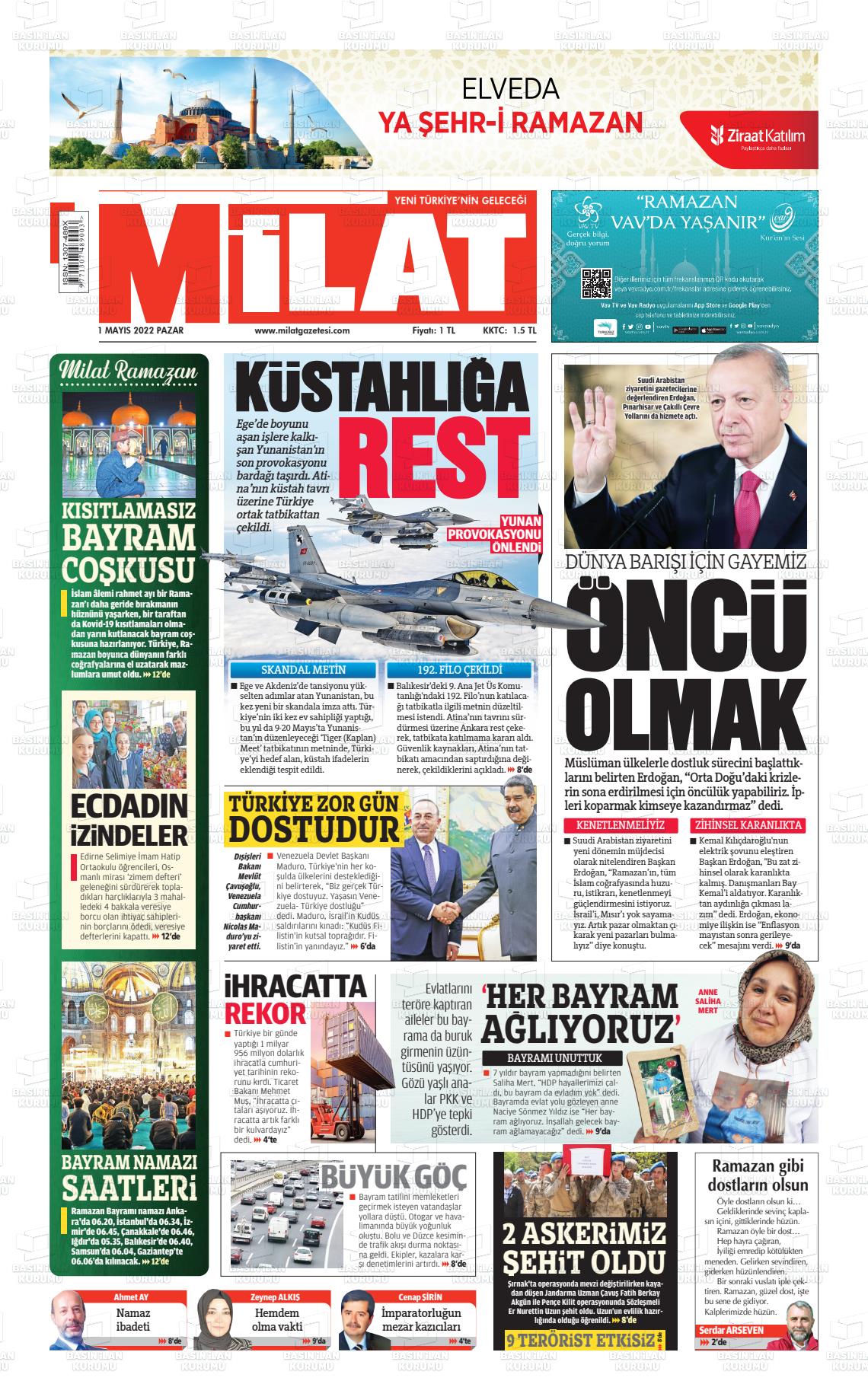 01 Mayıs 2022 Milat Gazete Manşeti