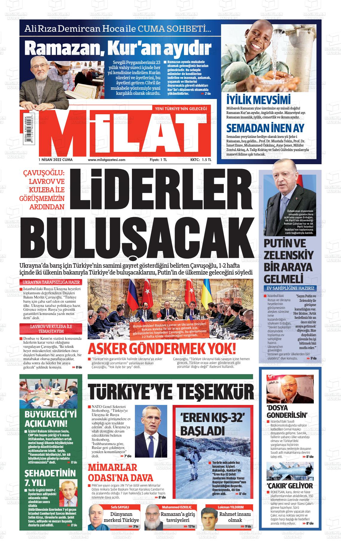 01 Nisan 2022 Milat Gazete Manşeti