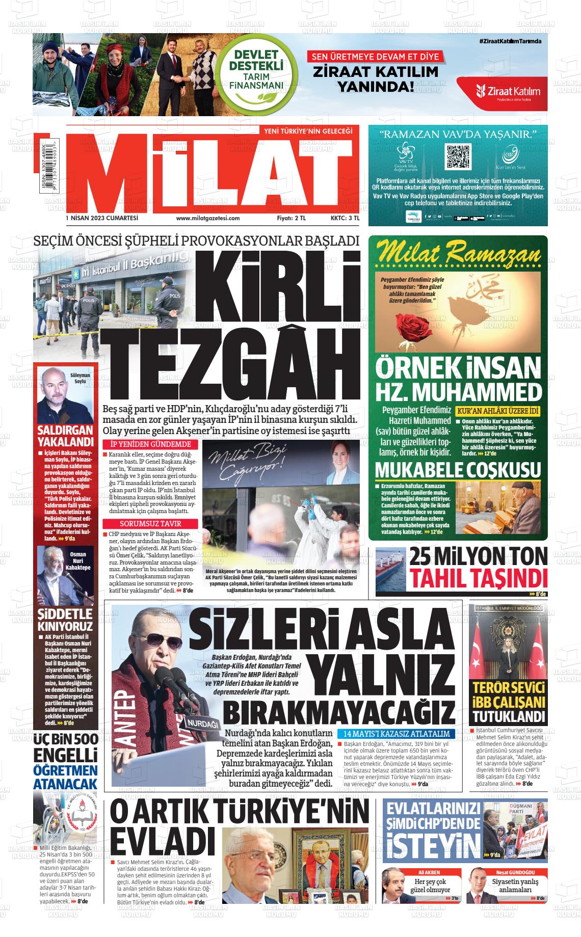 01 Nisan 2023 Milat Gazete Manşeti