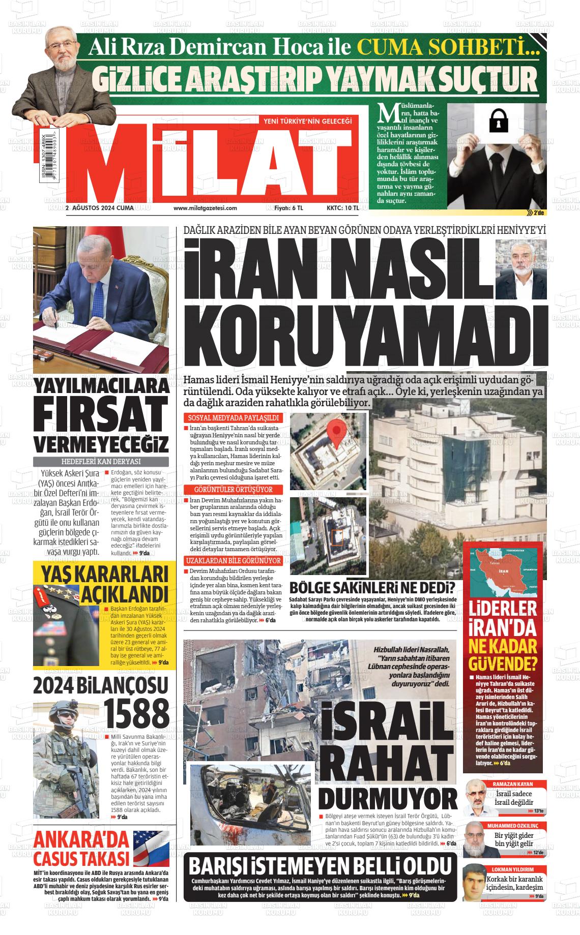 02 Ağustos 2024 Milat Gazete Manşeti