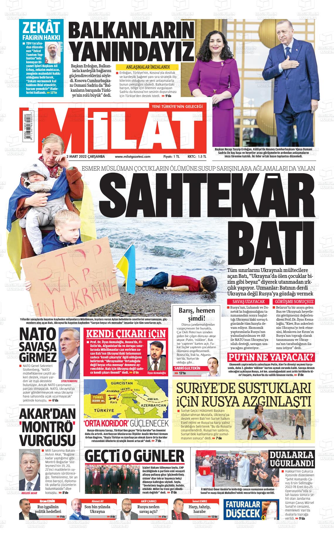 02 Mart 2022 Milat Gazete Manşeti