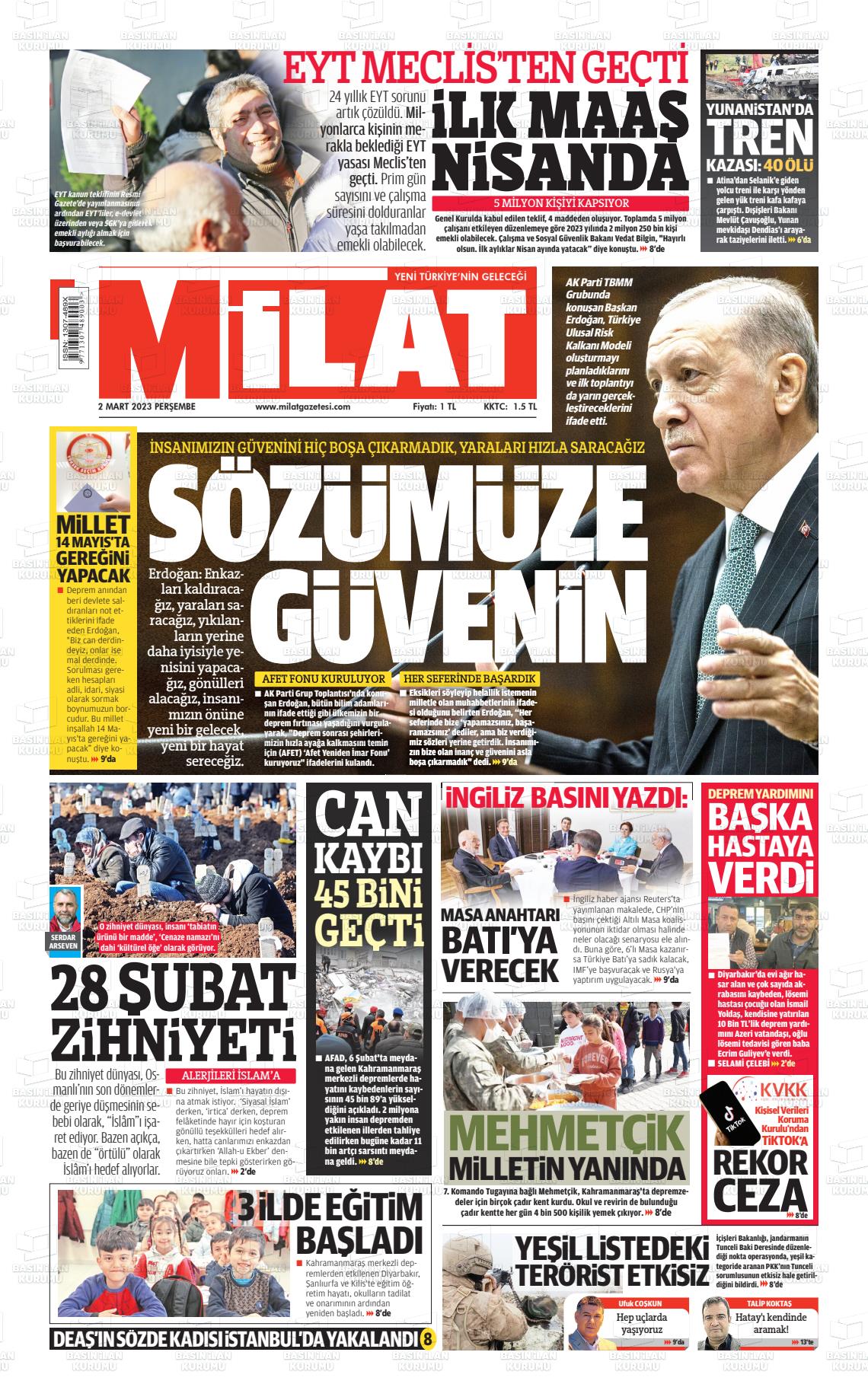 02 Mart 2023 Milat Gazete Manşeti