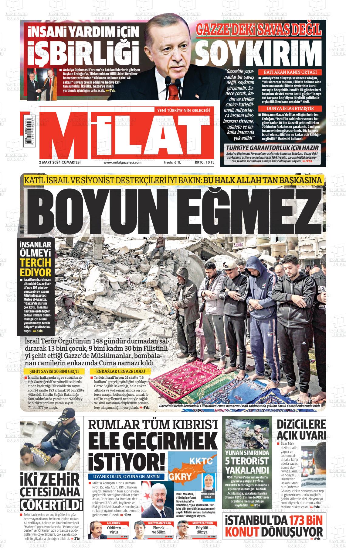 02 Mart 2024 Milat Gazete Manşeti