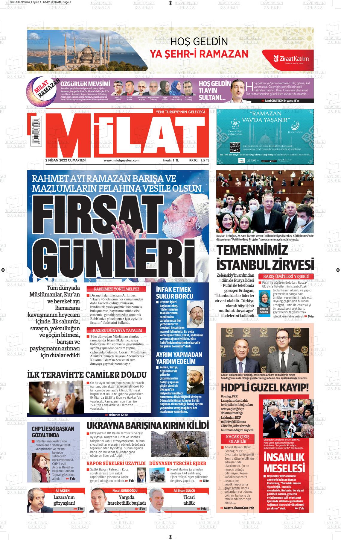 02 Nisan 2022 Milat Gazete Manşeti