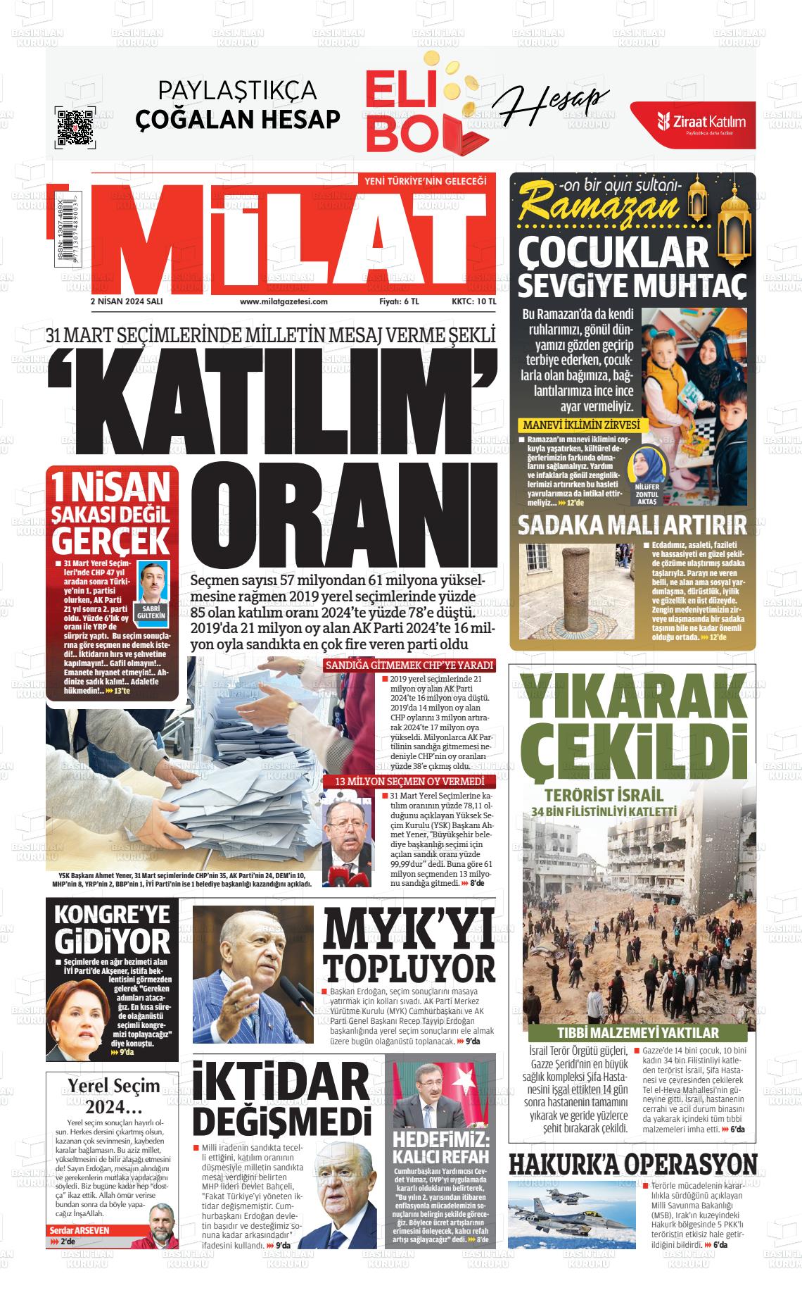 02 Nisan 2024 Milat Gazete Manşeti