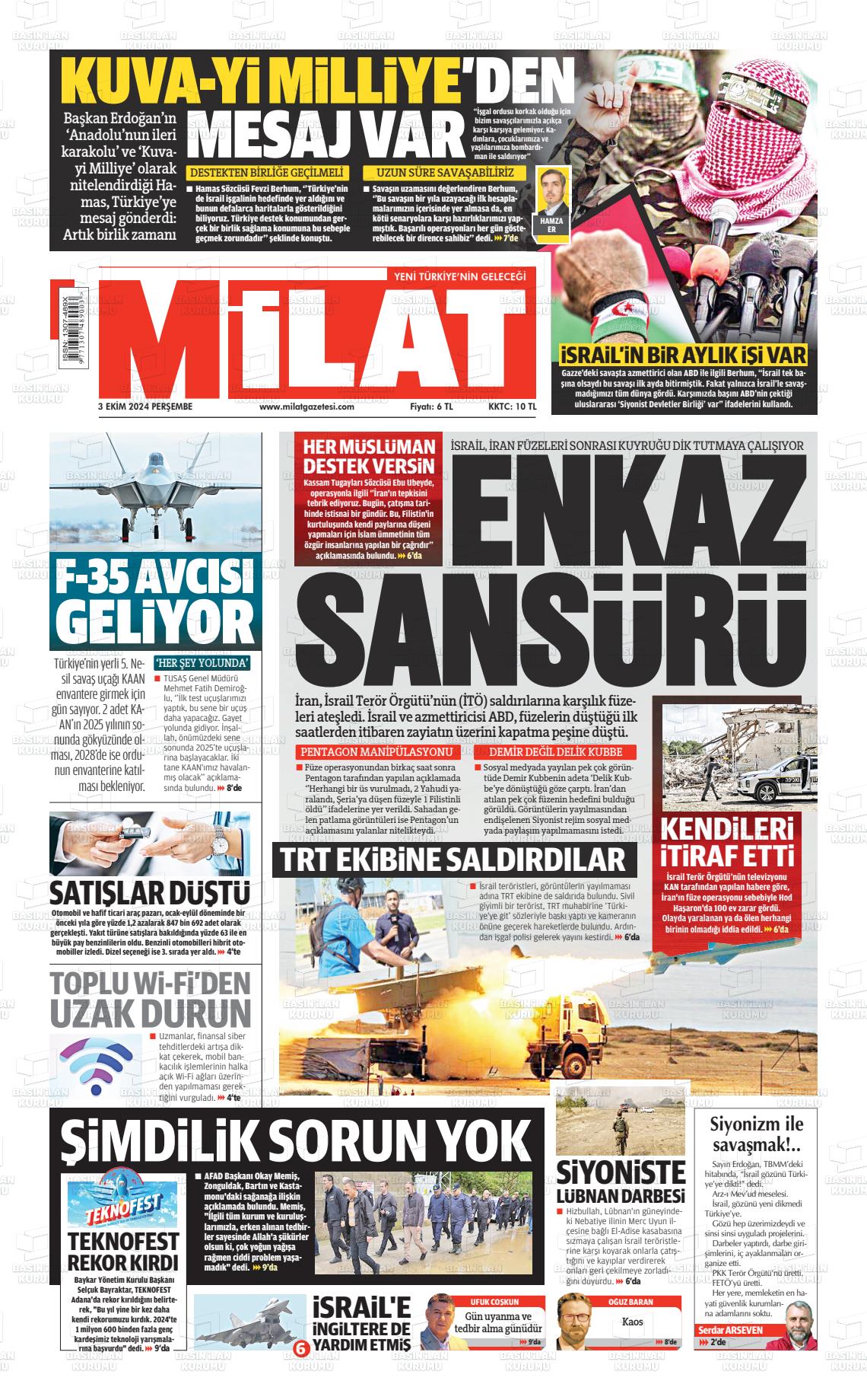 03 Ekim 2024 Milat Gazete Manşeti