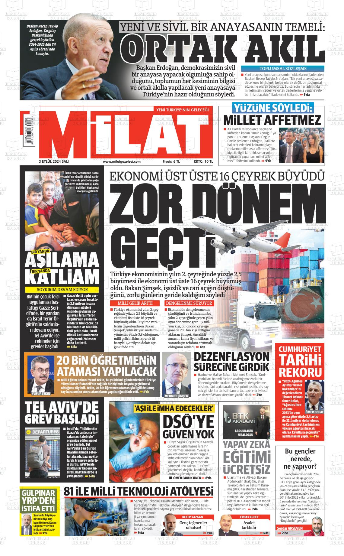 03 Eylül 2024 Milat Gazete Manşeti