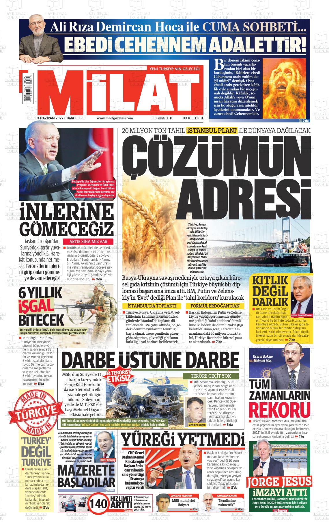 03 Haziran 2022 Milat Gazete Manşeti