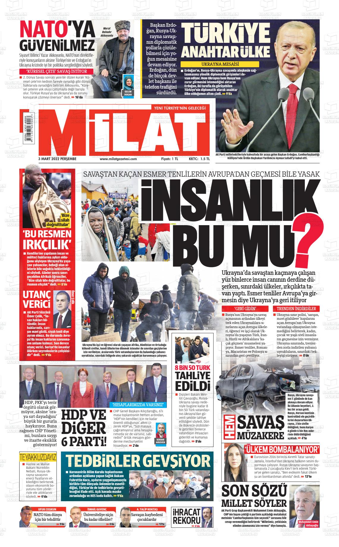 03 Mart 2022 Milat Gazete Manşeti