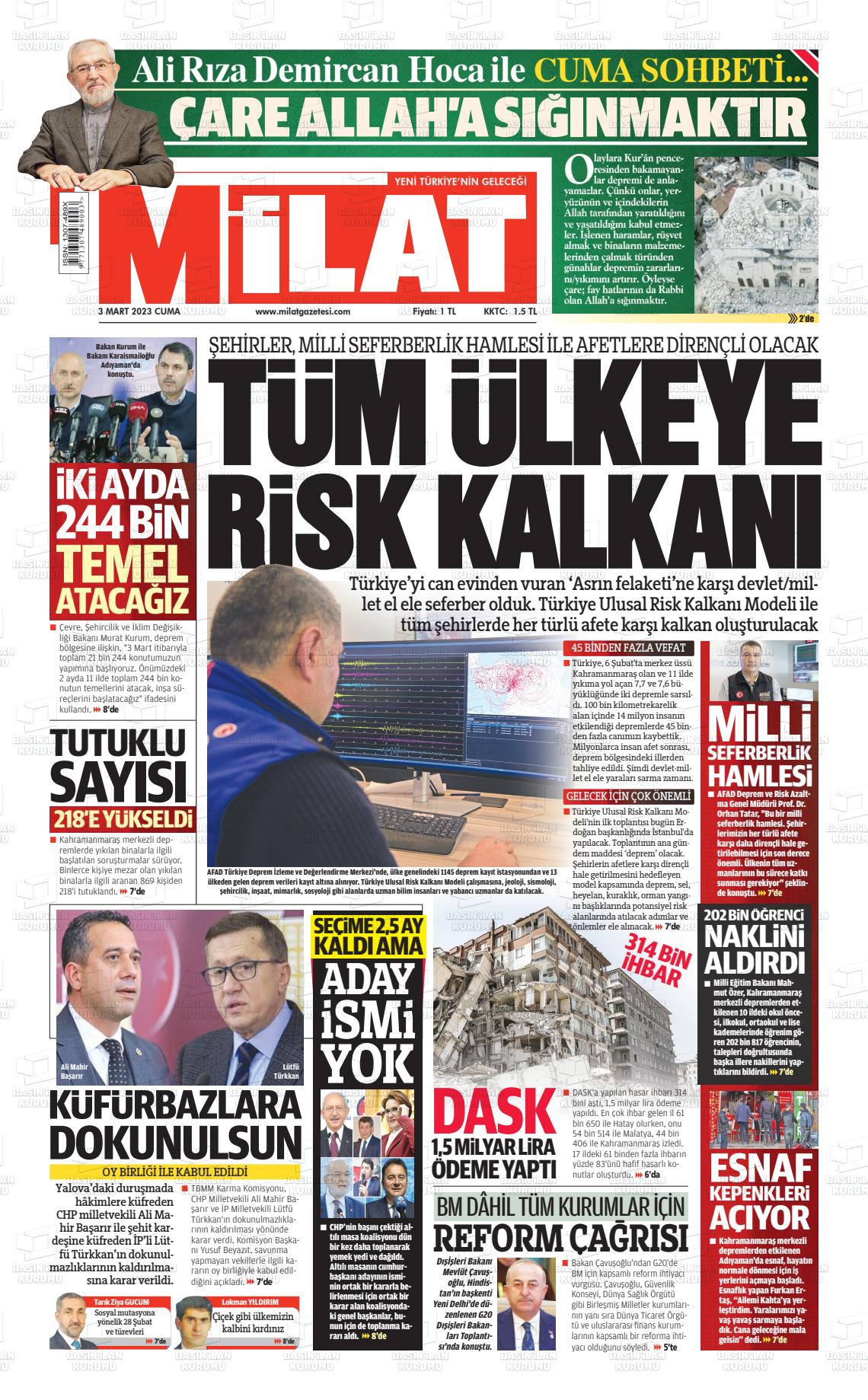 03 Mart 2023 Milat Gazete Manşeti