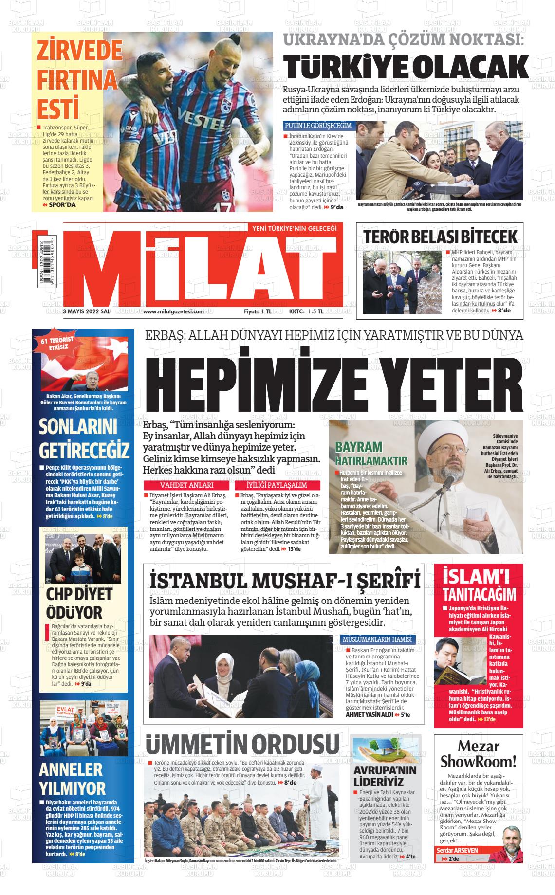 03 Mayıs 2022 Milat Gazete Manşeti