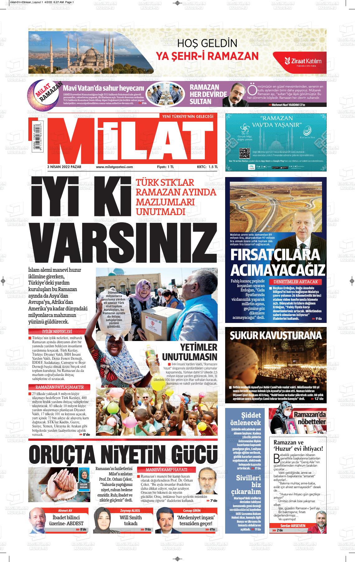 03 Nisan 2022 Milat Gazete Manşeti