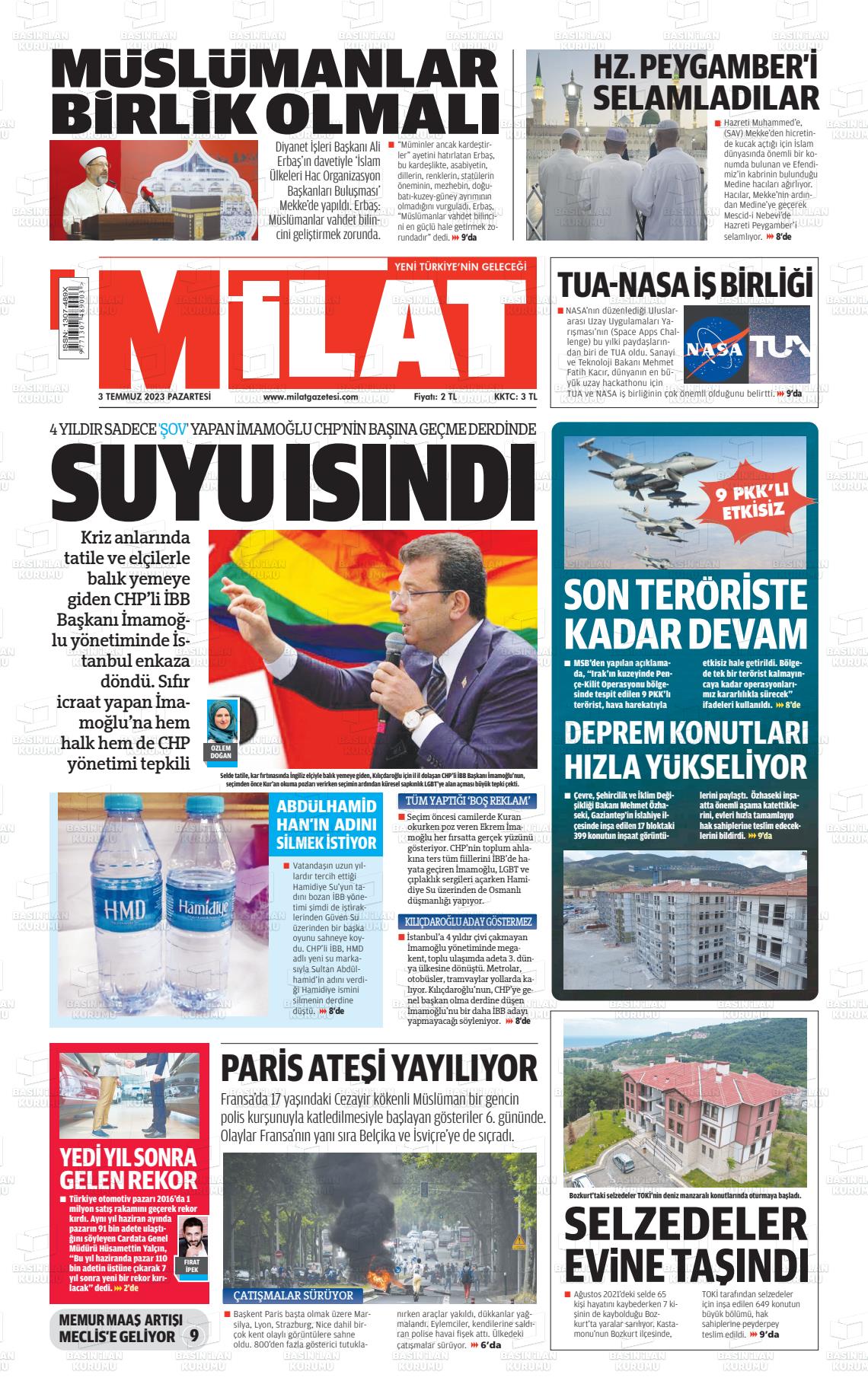 03 Temmuz 2023 Milat Gazete Manşeti