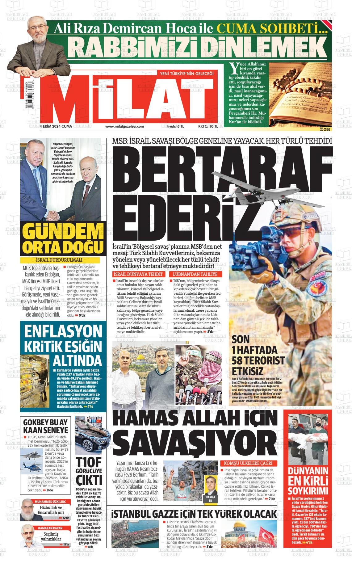 04 Ekim 2024 Milat Gazete Manşeti