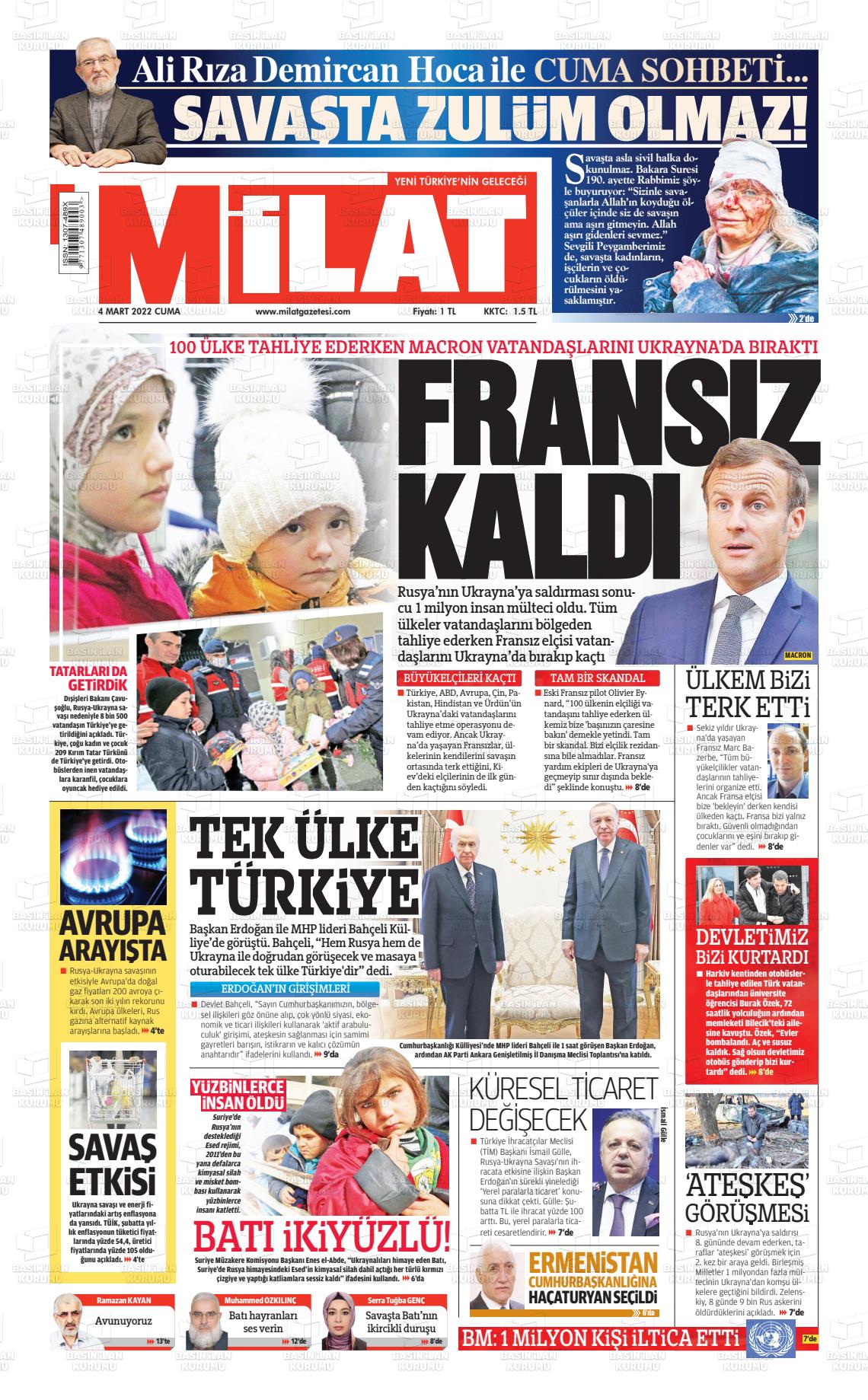 04 Mart 2022 Milat Gazete Manşeti