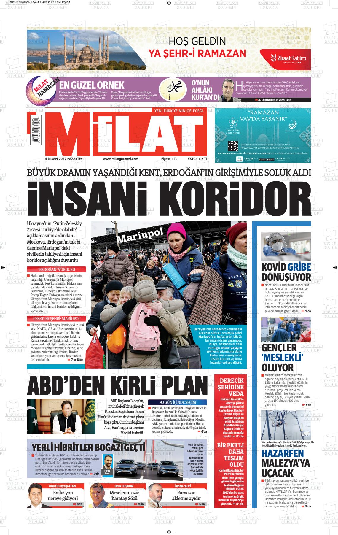 04 Nisan 2022 Milat Gazete Manşeti