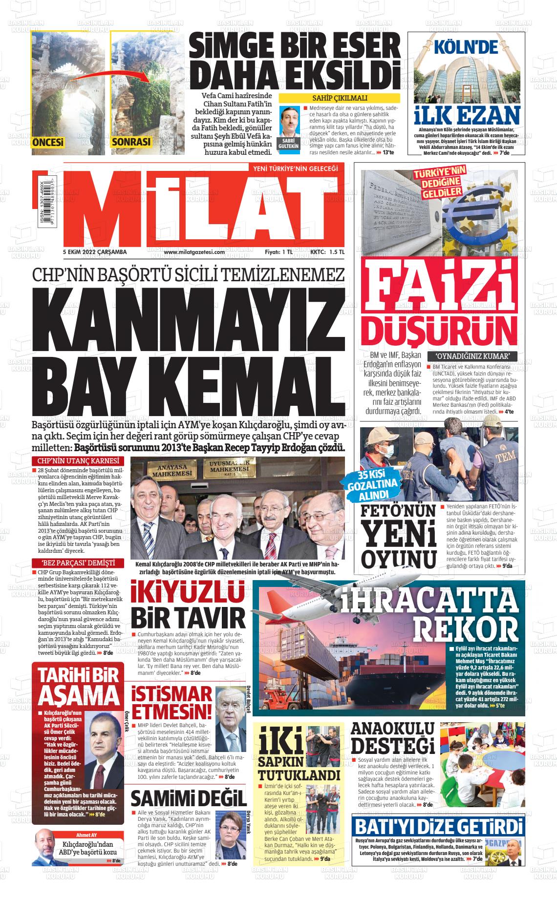 05 Ekim 2022 Milat Gazete Manşeti