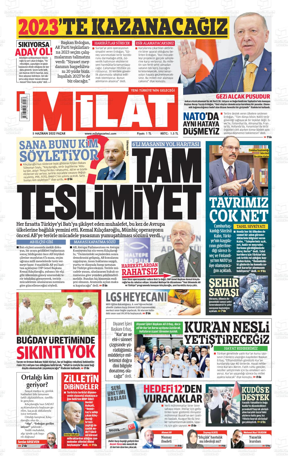 05 Haziran 2022 Milat Gazete Manşeti