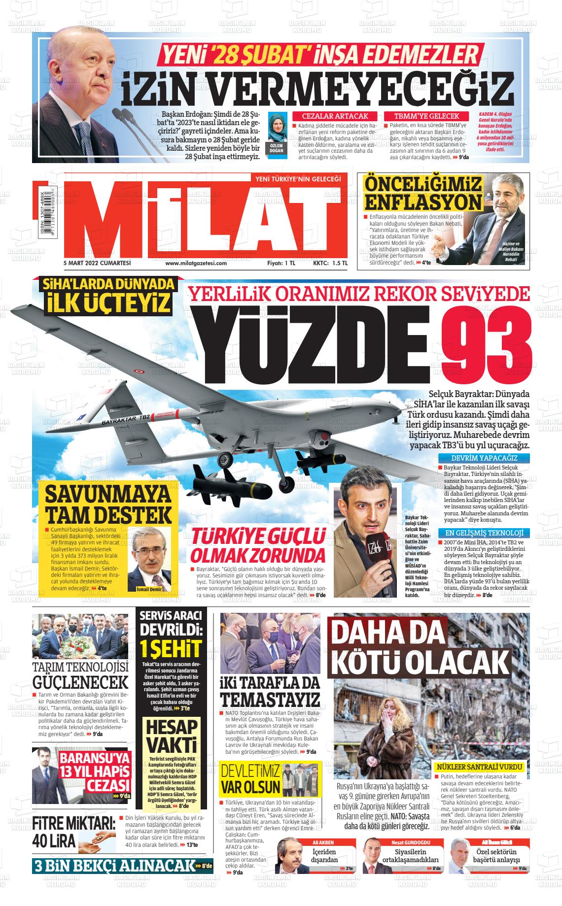 05 Mart 2022 Milat Gazete Manşeti