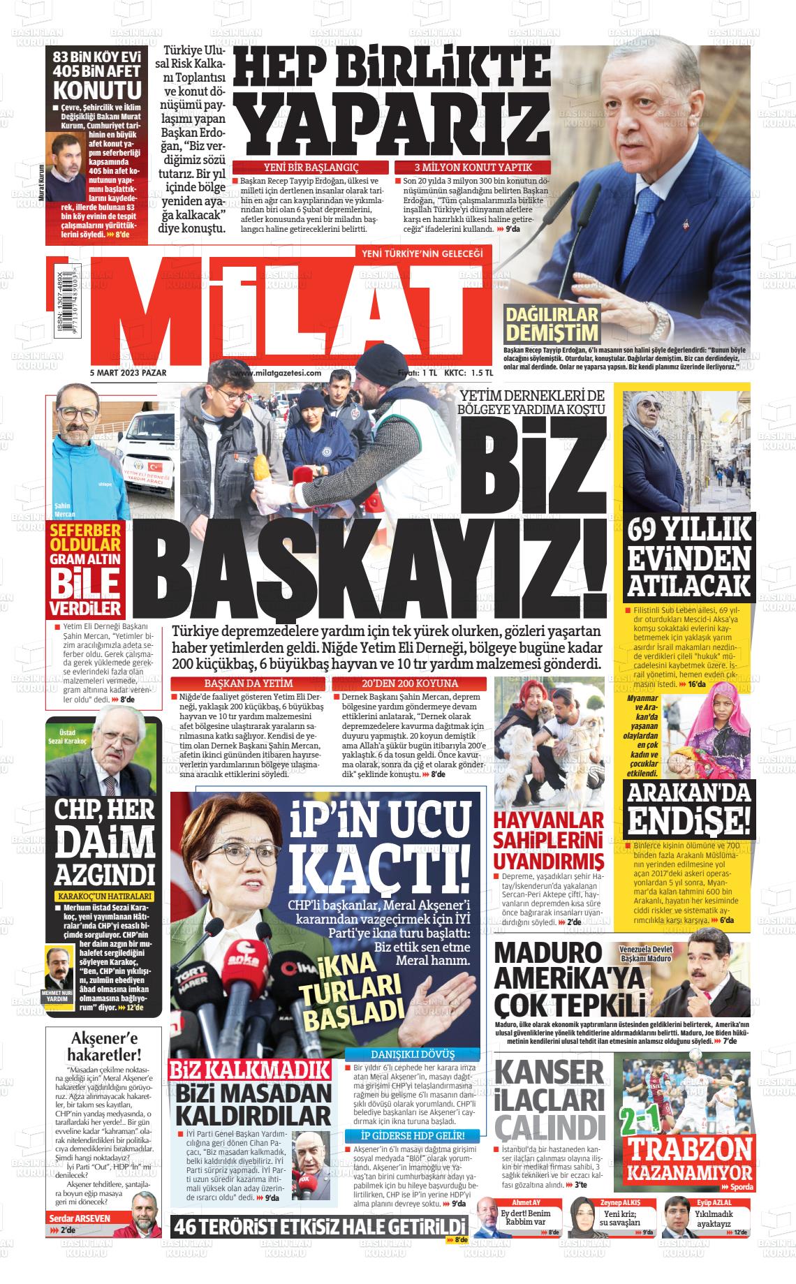 05 Mart 2023 Milat Gazete Manşeti