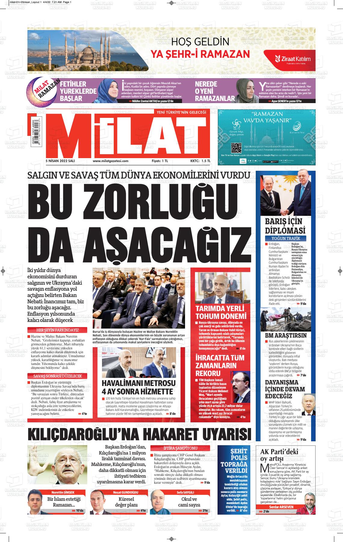 05 Nisan 2022 Milat Gazete Manşeti